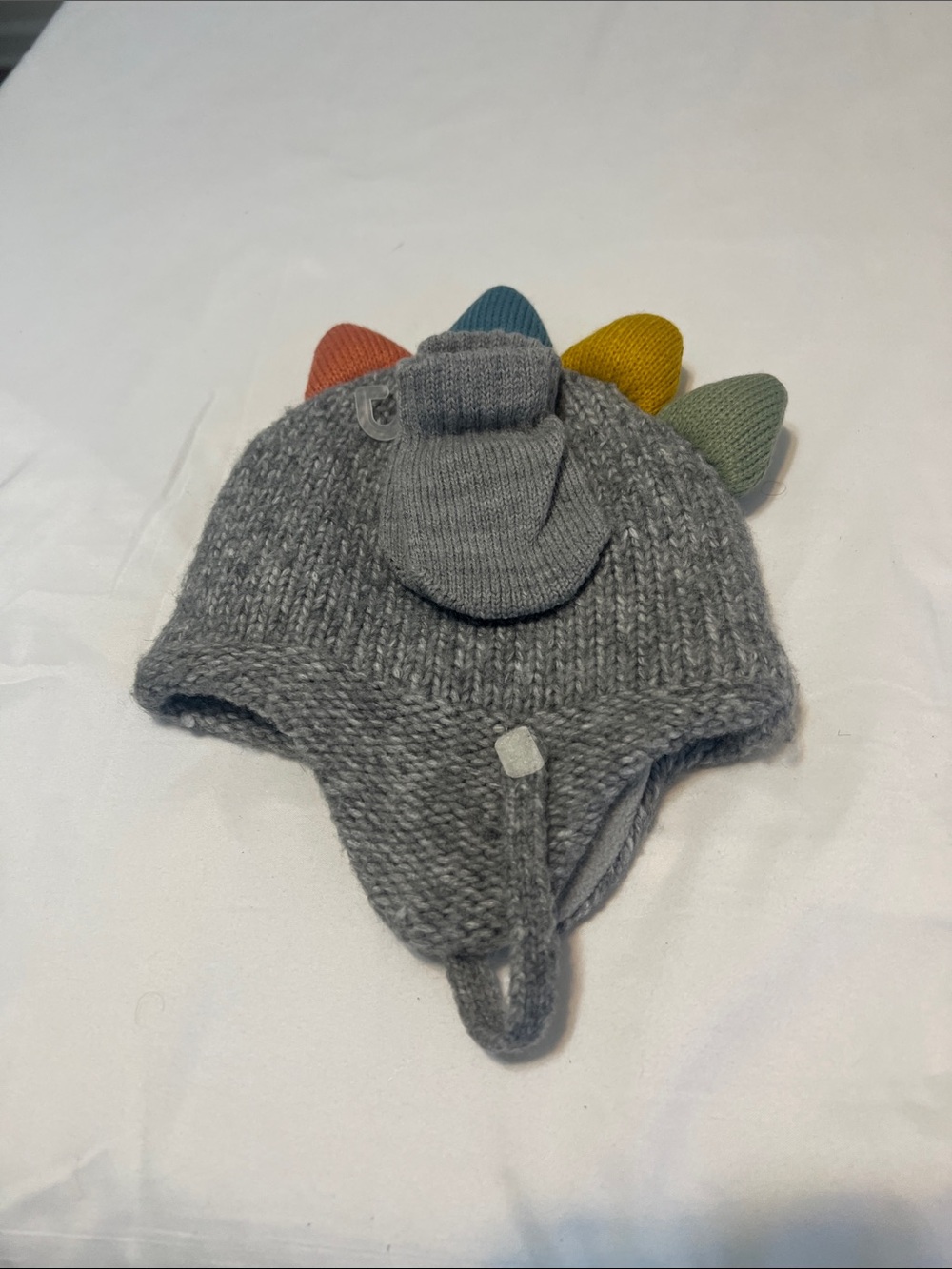 Cozy Grey Knit Dino Earflap Hat with Colorful Spikes - Kids